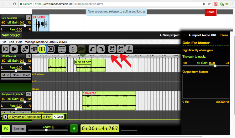 Export your audio composition audiostudio online