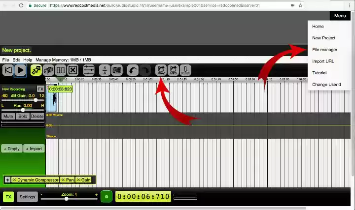 File manager for AudioStudio audio editor online - RedcoolMedia