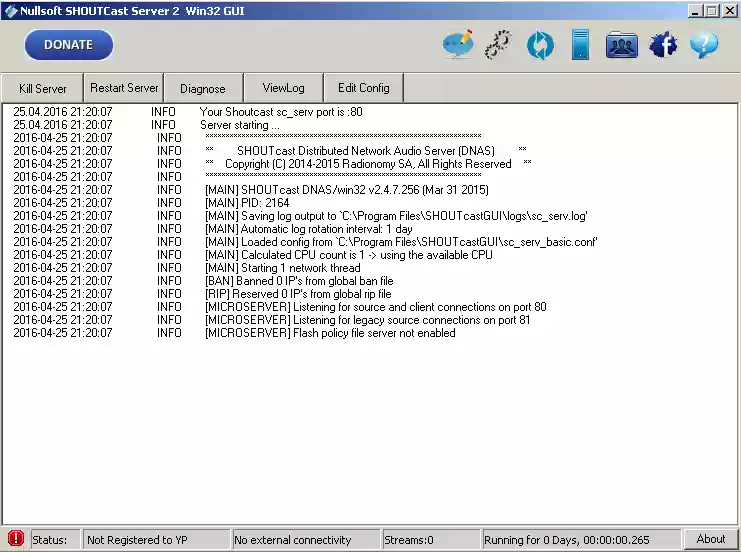 Download web tool or web app Nullsoft SHOUTcast Server 2.0  GUI